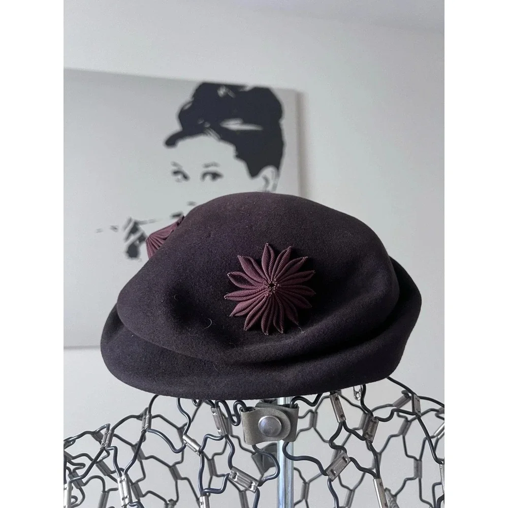 Vintage Merrimac Hat Corp‎ Excello 100% Wool Pillbox Hat Brown Starburst